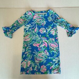 Lilly Pulitzer Mini Sophie Dress Girls M 6-7 Blue Floral Ruffle Sleeves EUC